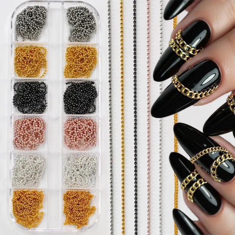 12-Grid Metal Nail Art Chains Gold Silver Black 3D Charms
