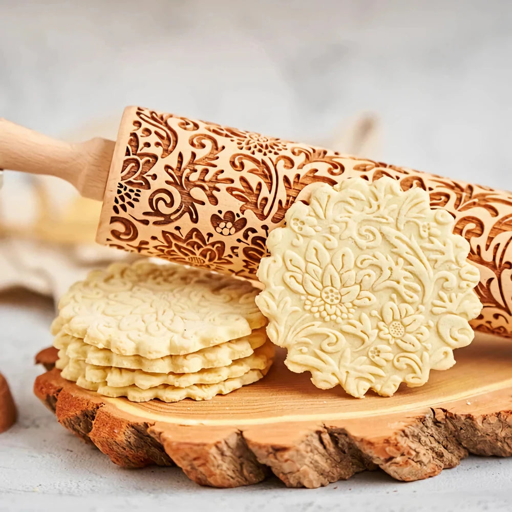 Wooden Sunflower Embossed Rolling Pin – Pastry & Cookie Stamp