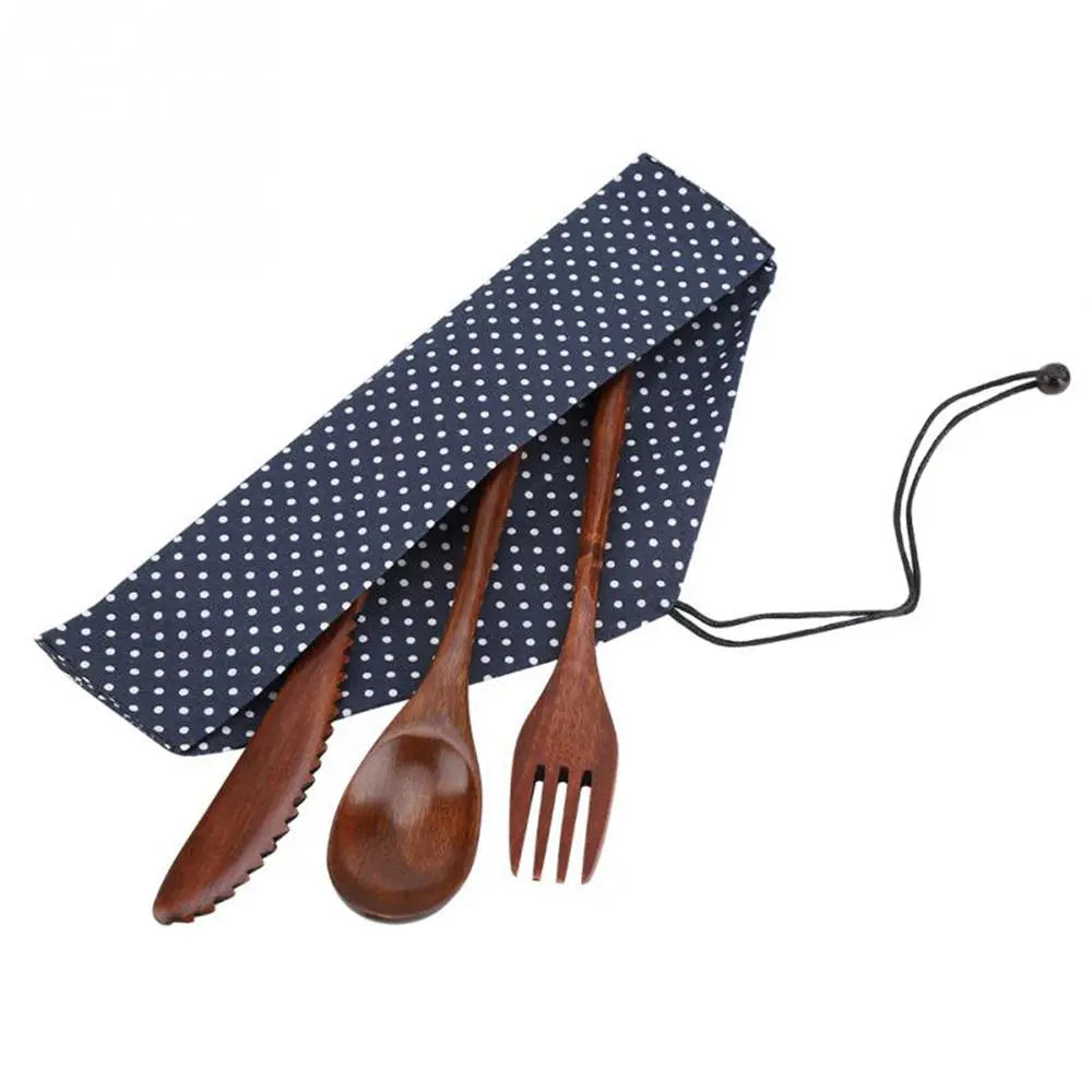 Reusable Wooden Cutlery Set – Knife Fork Spoon with Carry Bag