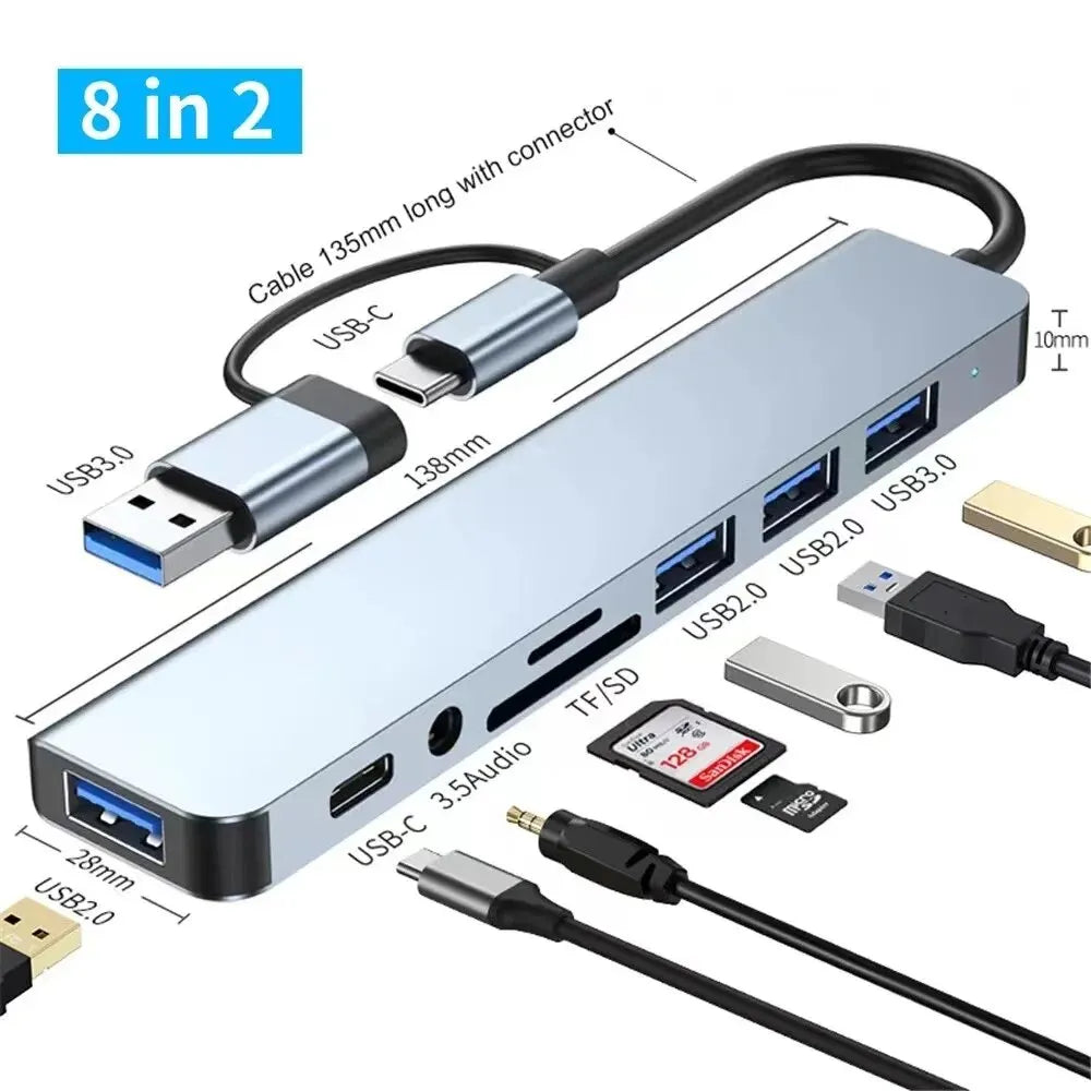 8-in-2 USB Hub Docking Station – USB C, 3.0, SD/TF Reader