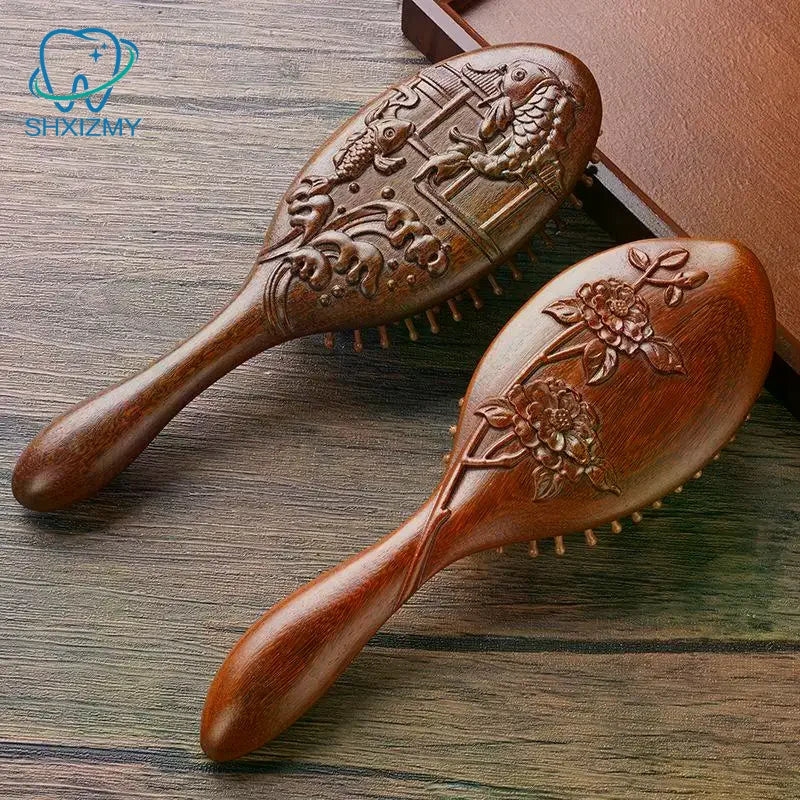 Hand Carved Sandalwood Wooden Air Cushion Comb & Scalp Brush