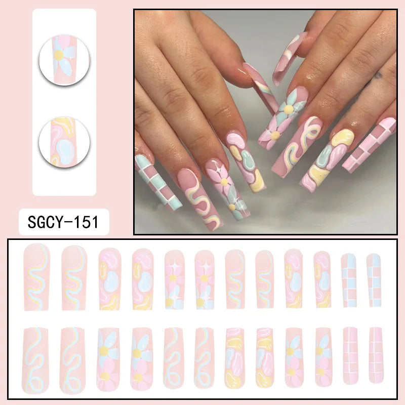 24Pcs Press On Nails with Glue – Long Acrylic False Nail Tips