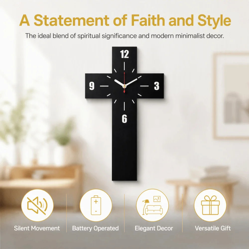 Vintage Solid Wood Cross Wall Clock – Silent Quartz