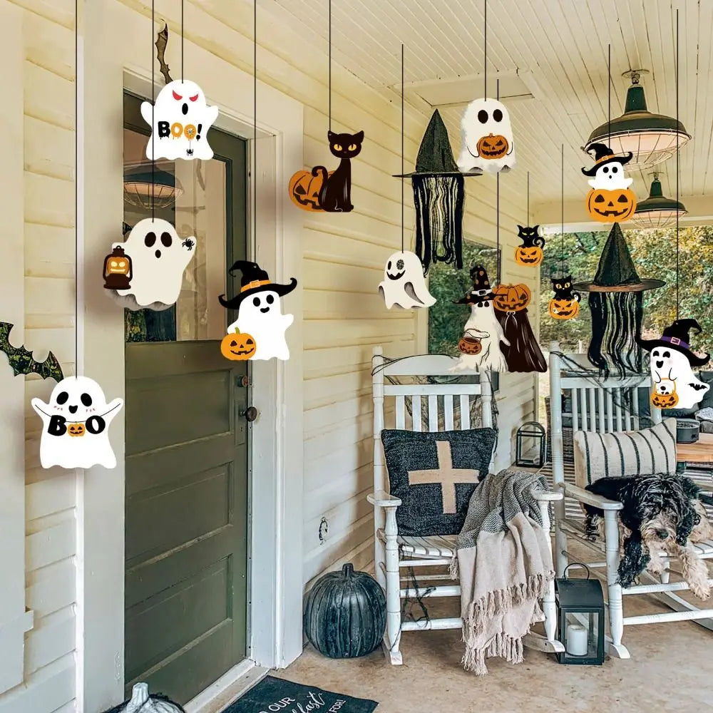12-Pack White Hanging Paper Ghost Ornaments – Halloween Decor
