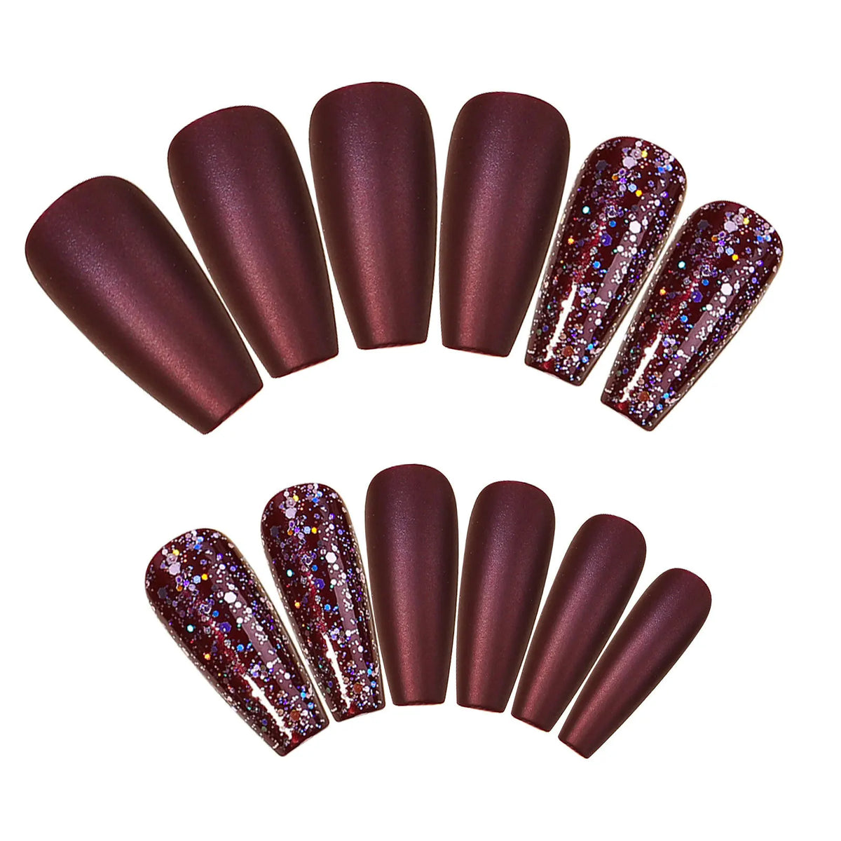 Burgundy Matte Coffin Press On Nails 24pc Holographic Glitter