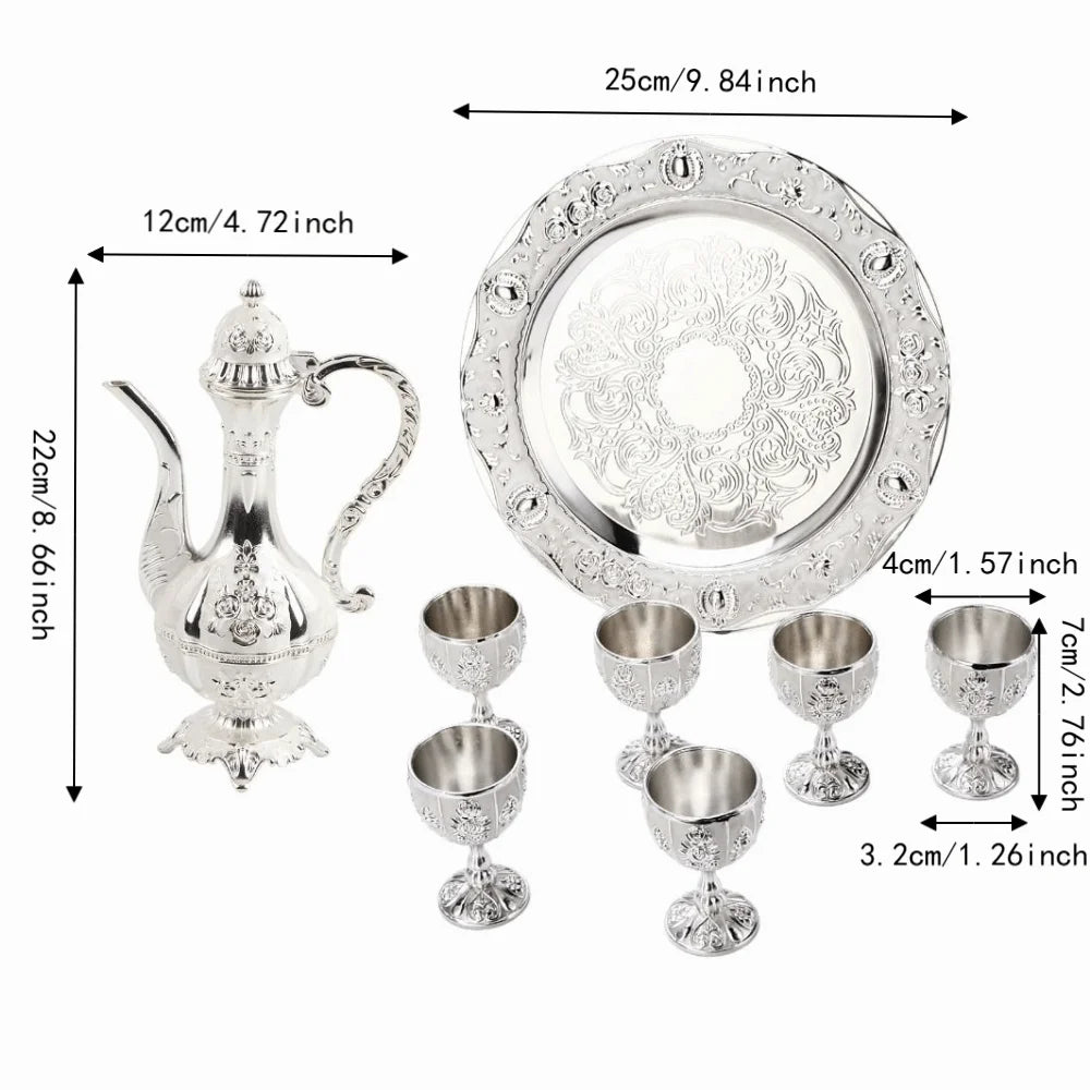 8-Pc Vintage Embossed Alloy Drinkware Set with Iron Tray