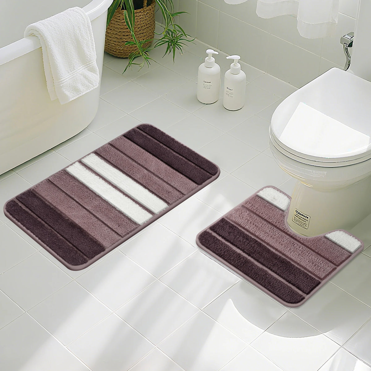 Striped Microfiber Bath Mat Set – Non-Slip Absorbent Shower Rugs