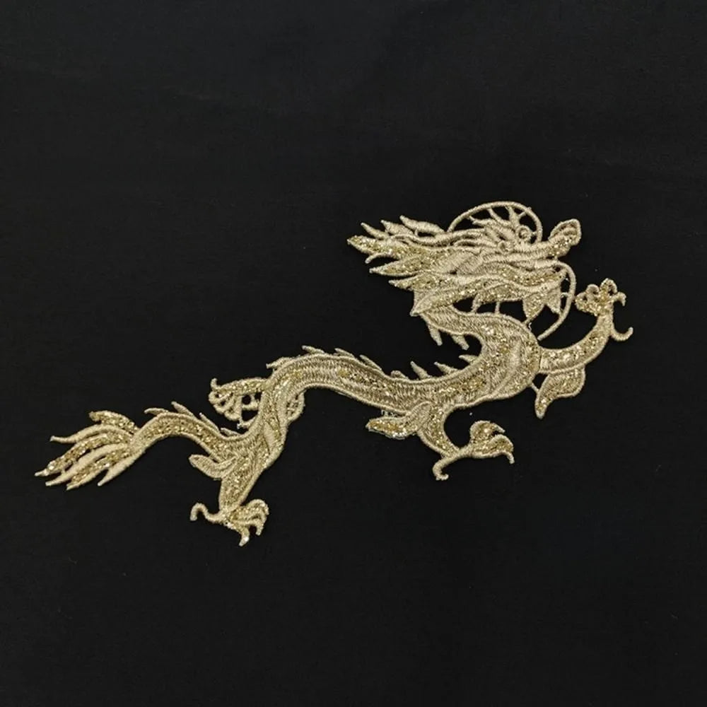 Chinese Dragon Embroidered Sequin Patch Gold Appliqué 2-Pack
