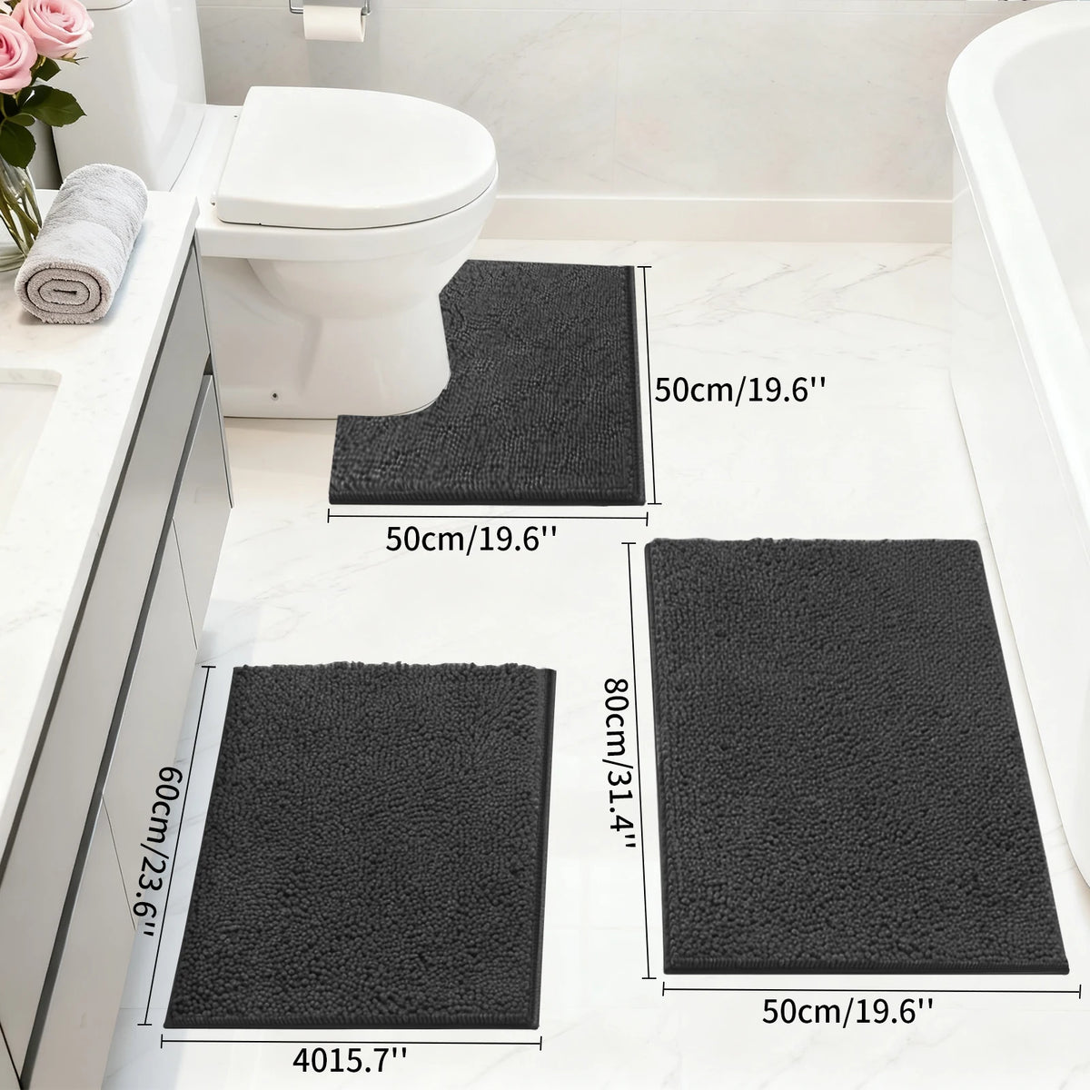 Set of 3 Chenille Bath Rugs – Shaggy Non-Slip Bathroom Mats