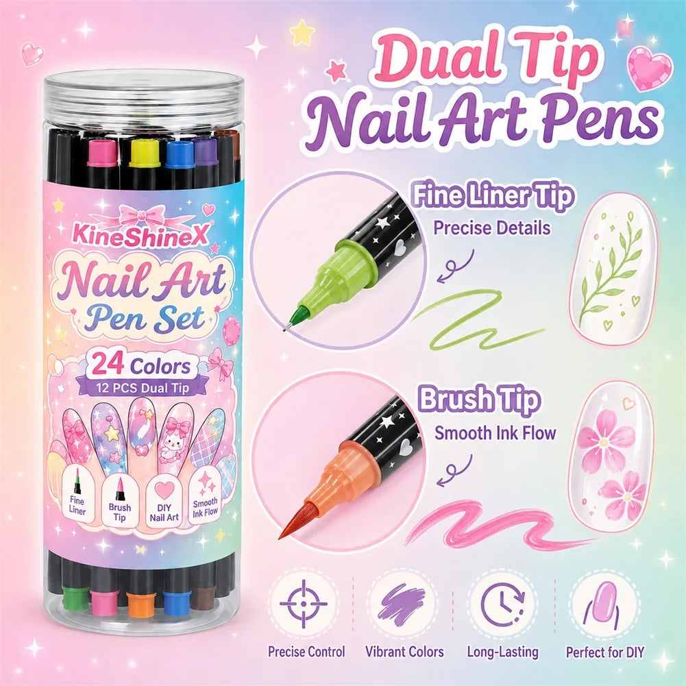 KRIATH 24-Color Dual-Tip Nail Art Pen Set – 12 Pcs Fine Liner