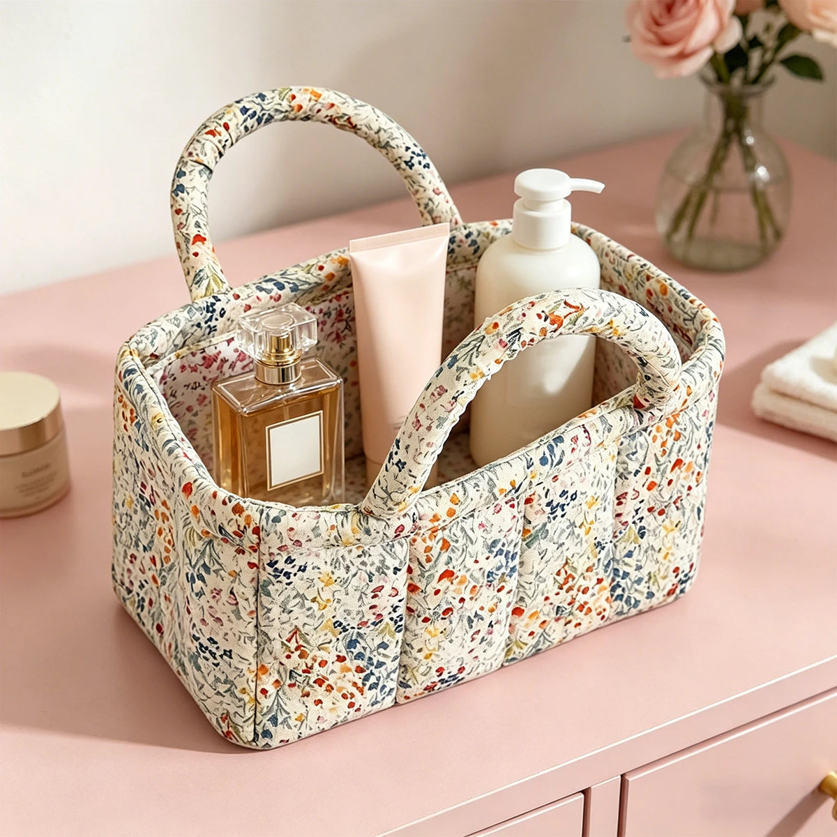 Pink Floral Quilted Storage Basket with Handle – Foldable