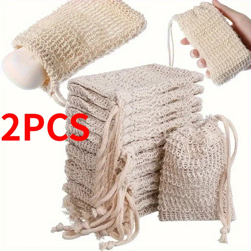 2-Pack Sisal Soap Saver Pouches with Drawstring & Wooden Bead