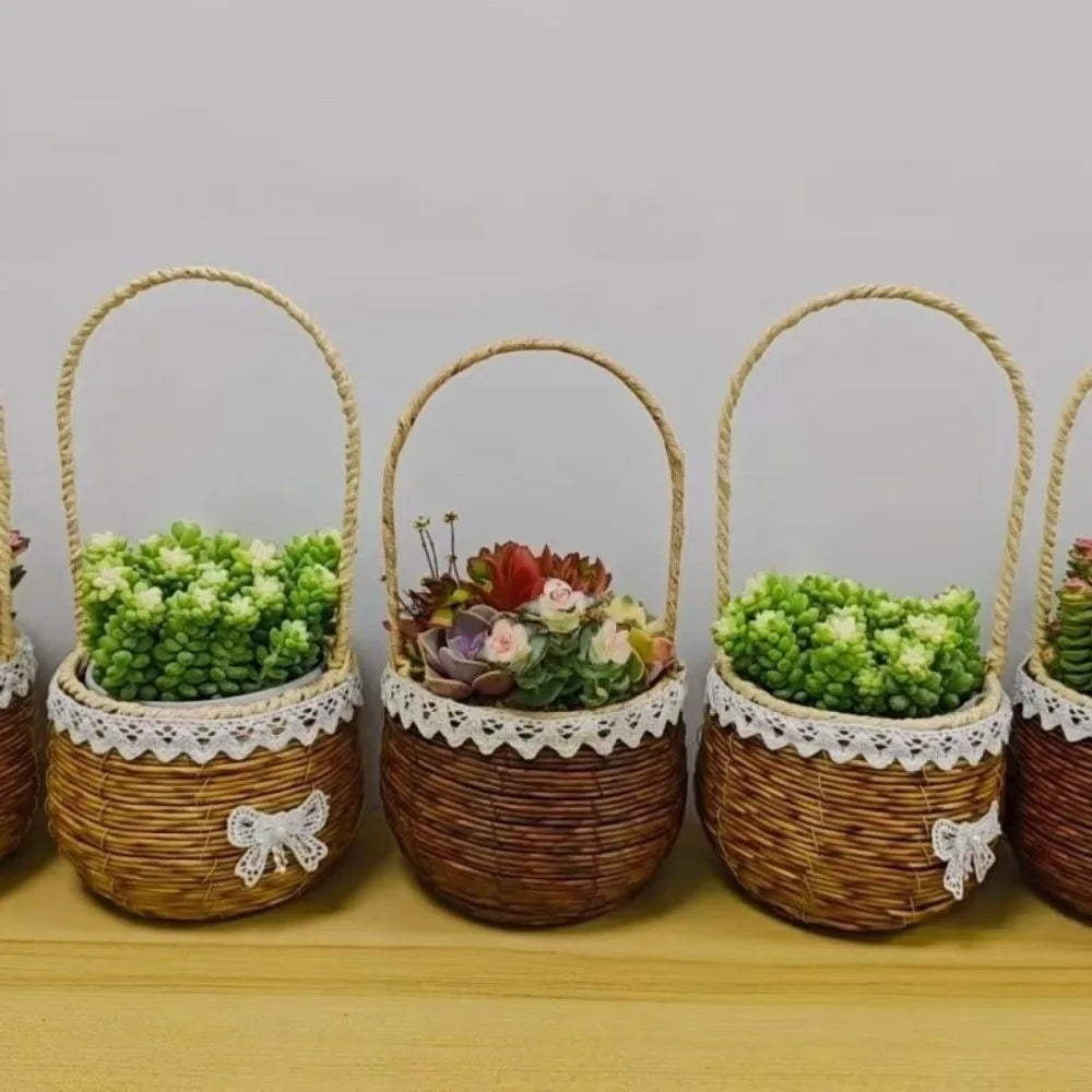 Handwoven Imitation Rattan Storage Basket with Handle – 2 Colors