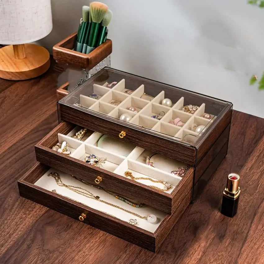 Multi-Layer Wooden Jewelry Box with Transparent Window Lid