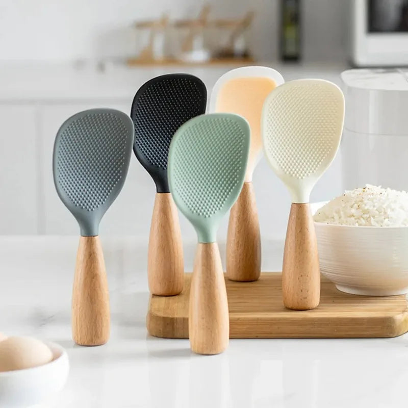 Vertical Silicone Rice Spoon – Non-Stick Wooden Handle