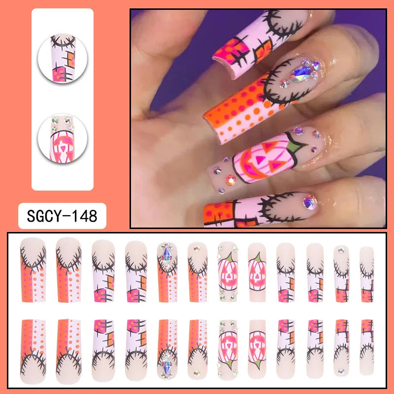 24Pcs Press On Nails with Glue – Long Acrylic False Nail Tips