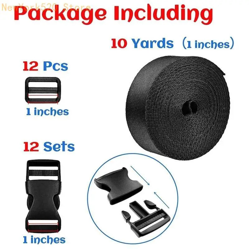Backpack Buckle & Nylon Webbing Strap Set – 12 Clips & Slides