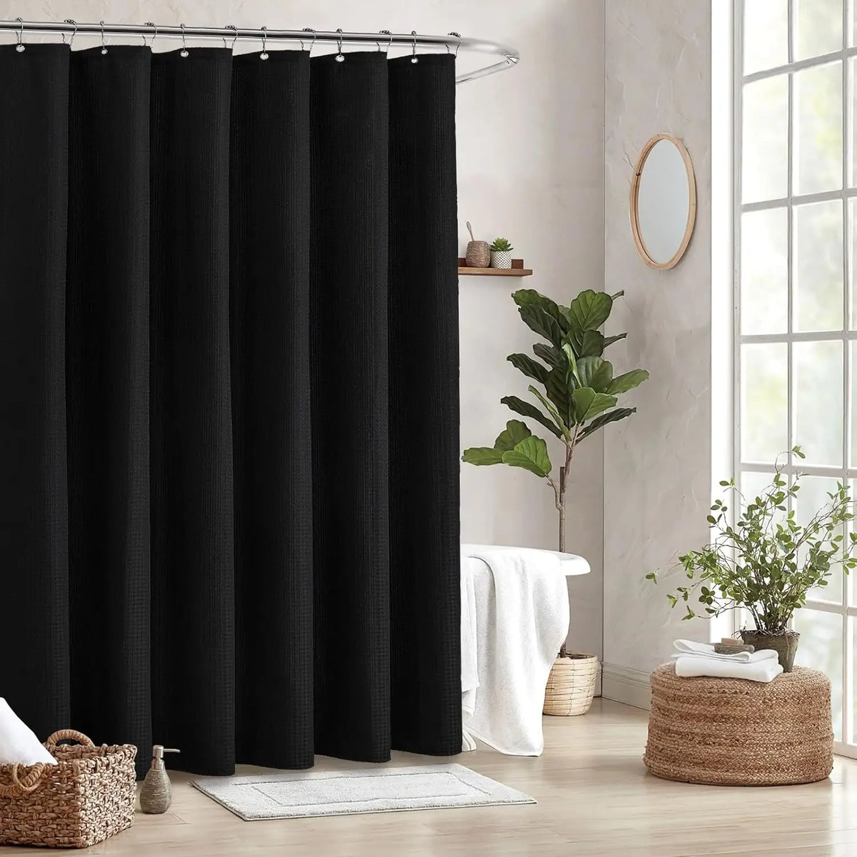 Waffle Weave Shower Curtain 180x180cm | Waterproof + 12 Hooks
