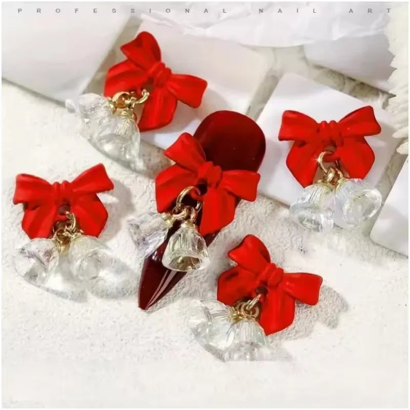 3D Christmas Bell Nail Charms – Crystal Bowknot Set of 3