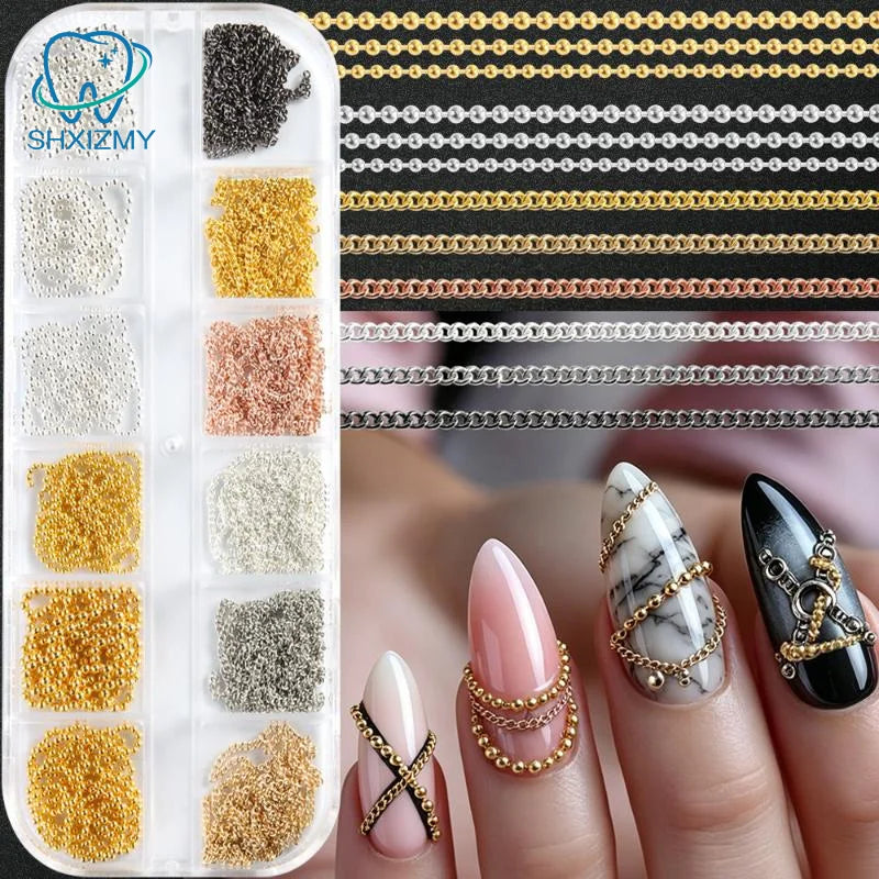 12-Grid Metal Nail Art Chains Gold Silver Black 3D Charms