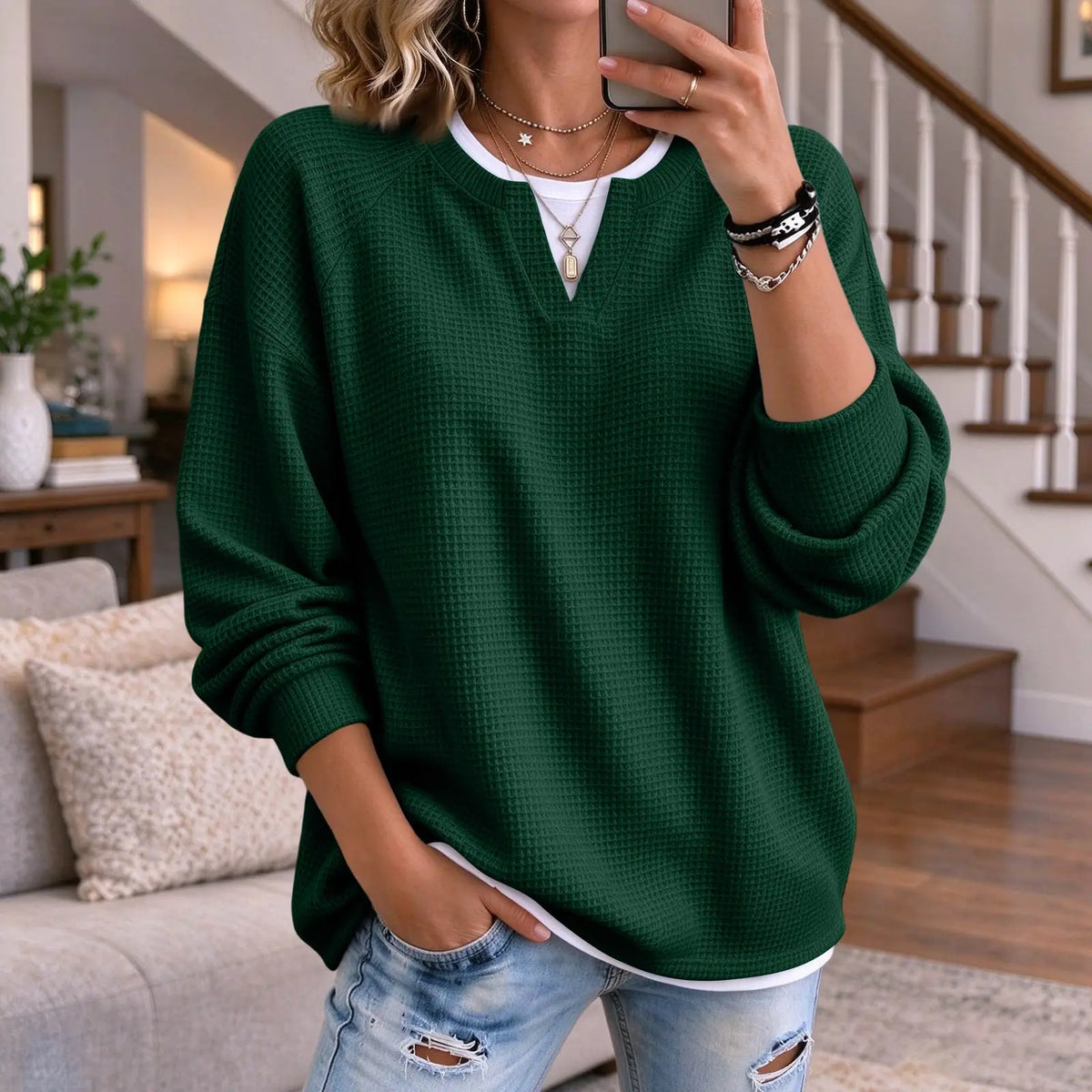 Women's Waffle Knit V-Neck Long Sleeve Pullover Top