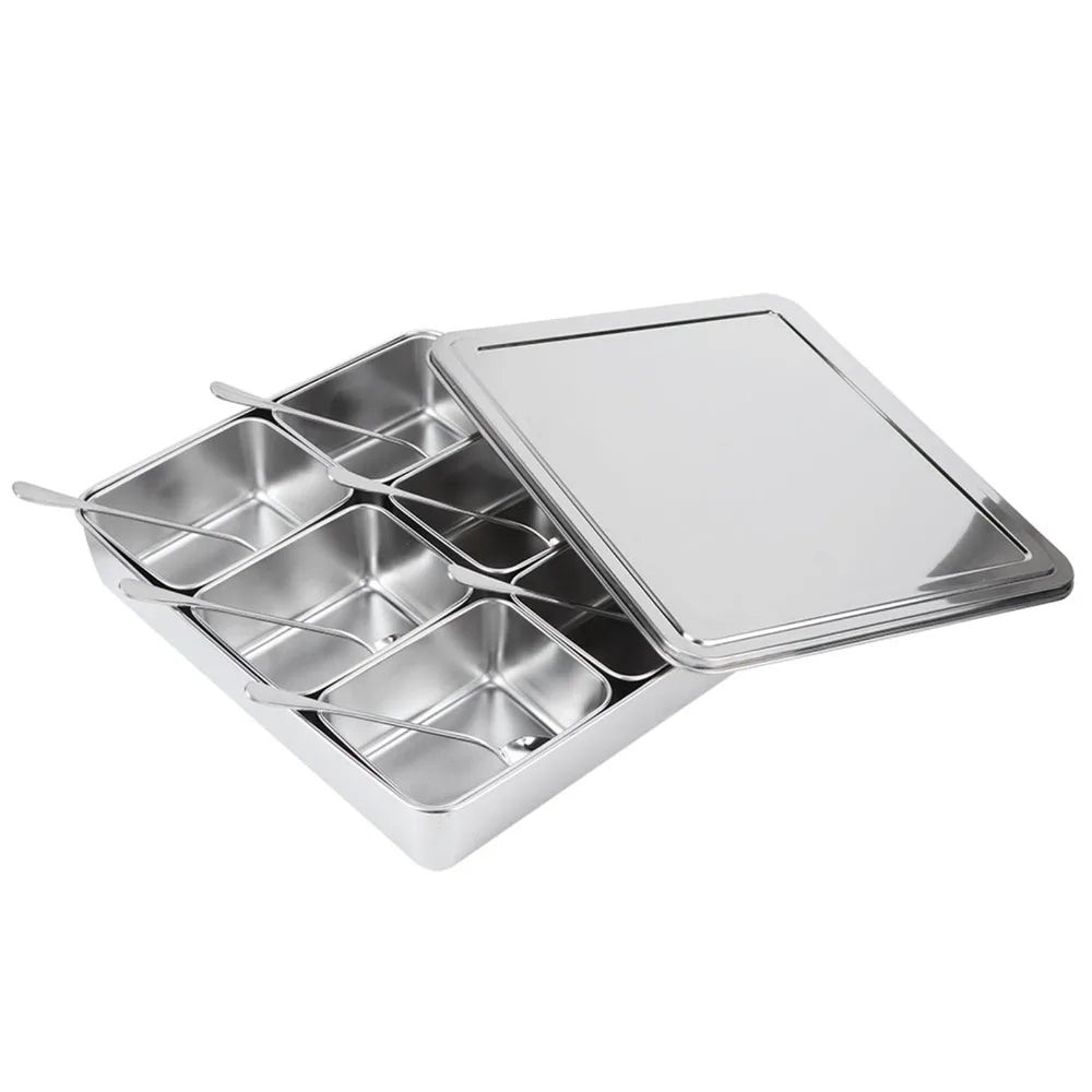 6-Grid Stainless Steel Masala Dabba Spice Organizer with Spoons