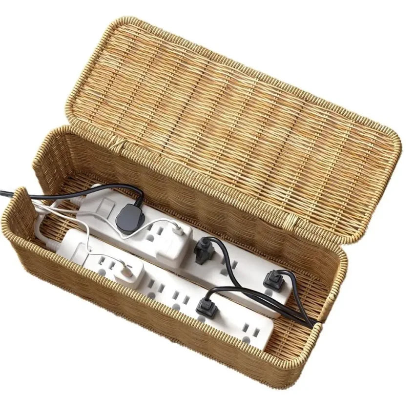Handwoven Rattan Cable Management Box – Cord Organizer