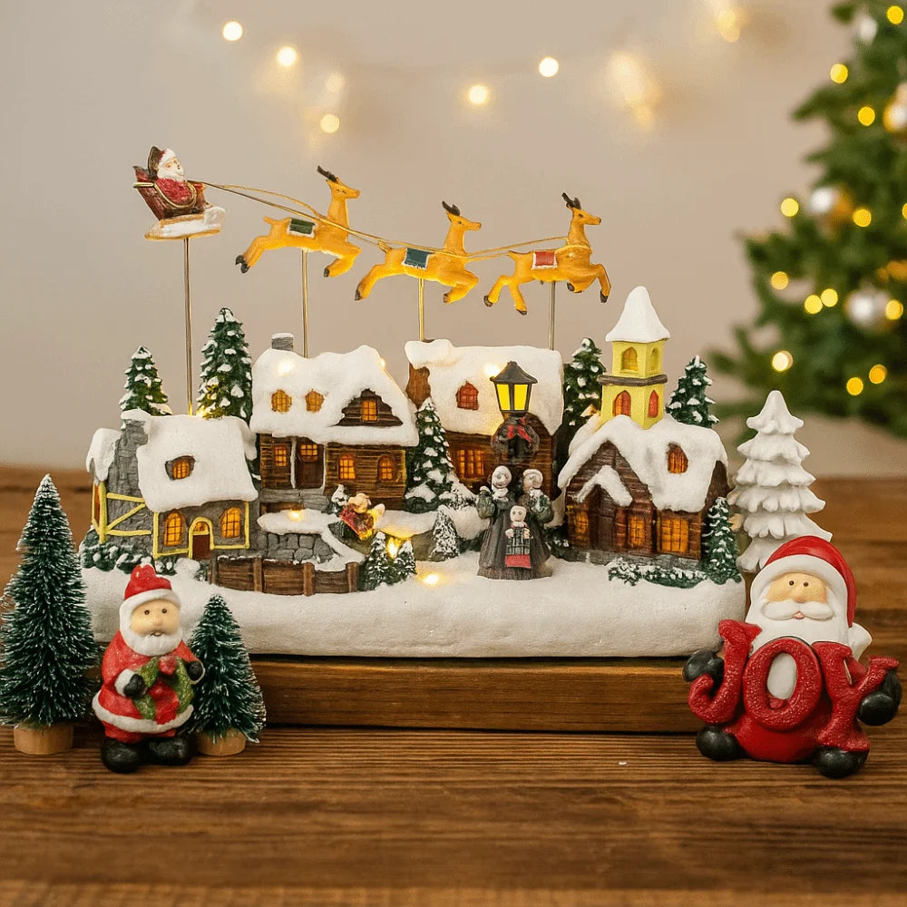 Resin Christmas Village LED Light Music Flying Reindeer Decor