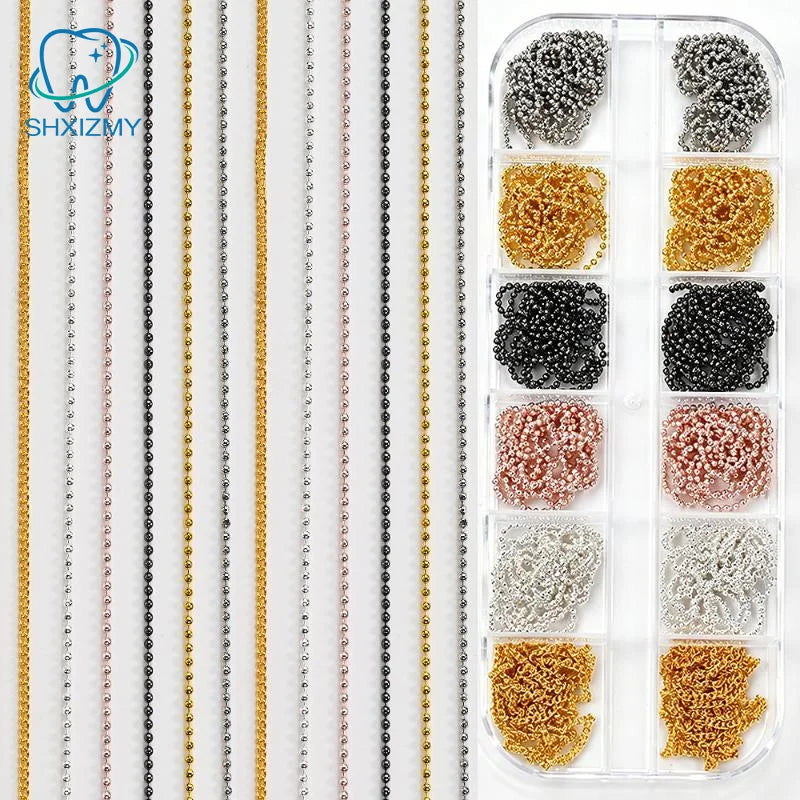 12-Grid Metal Nail Art Chains Gold Silver Black 3D Charms