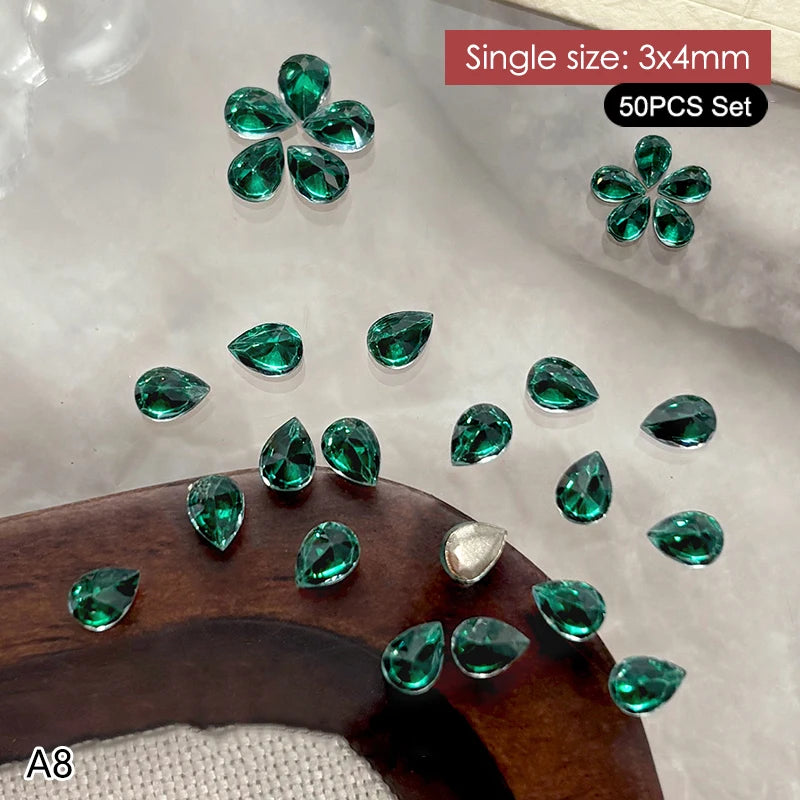 50Pcs Water Drop Zircon Nail Rhinestones 3D Flatback Crystal Gems