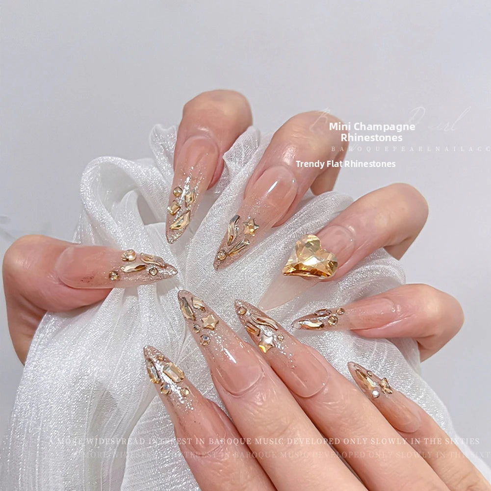 100pcs Champagne Gold Nail Rhinestones – Irregular Crystal Gems Set