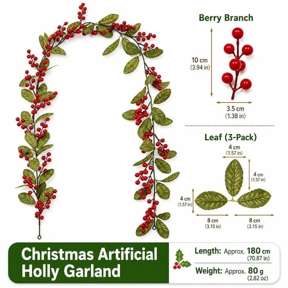 180cm Christmas Berry Garland – Artificial Holly Vine Wreath