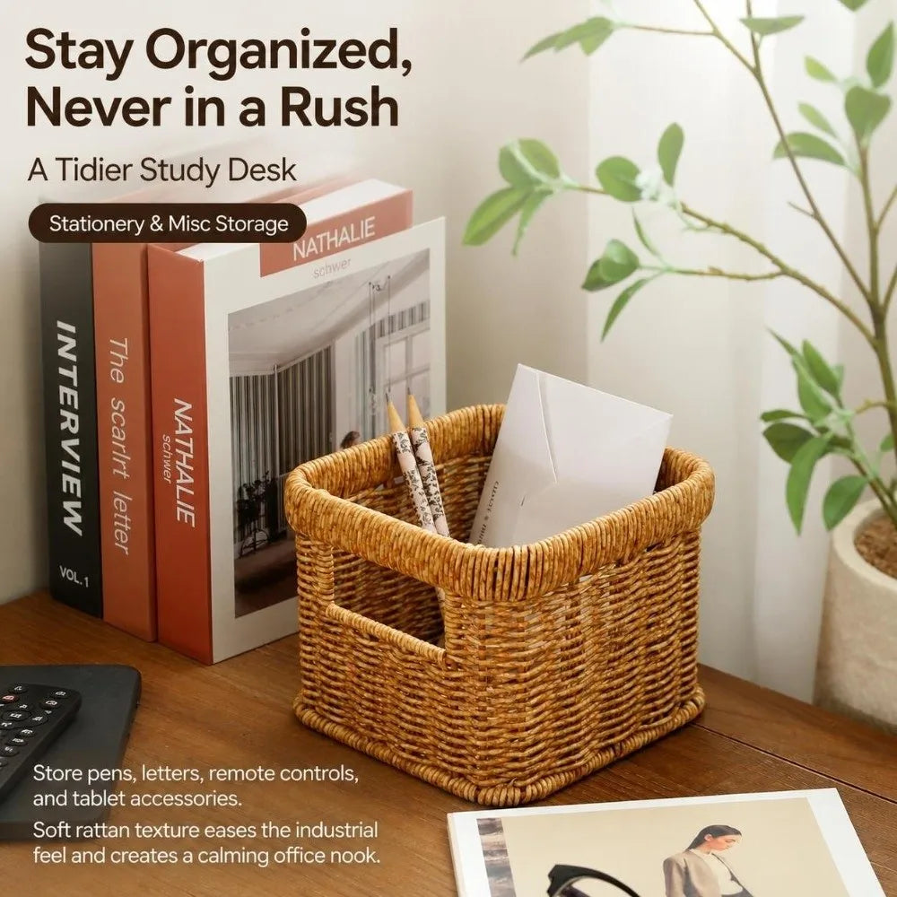 Handwoven Rattan-Style Plastic Wicker Storage Basket Organizer
