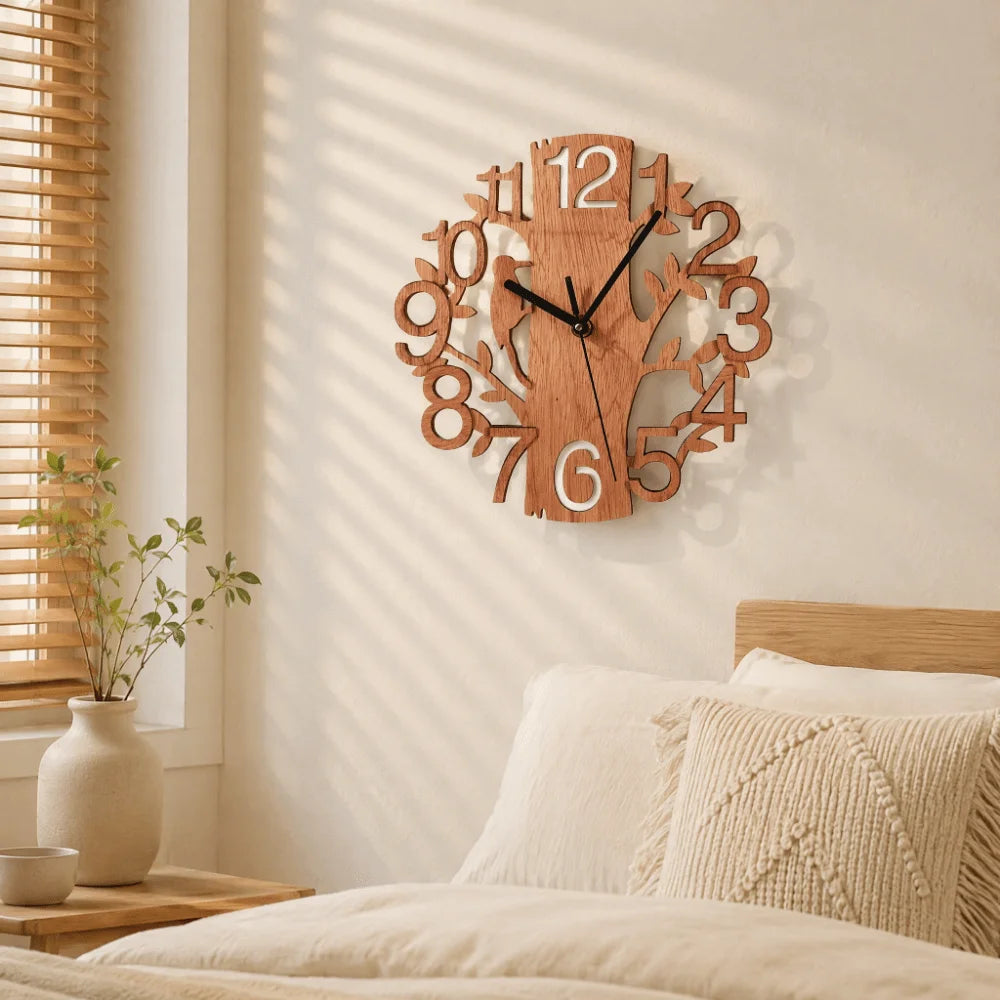 10" Round Wooden Wall Clock Silent Sweep Tree & Bird Cutout