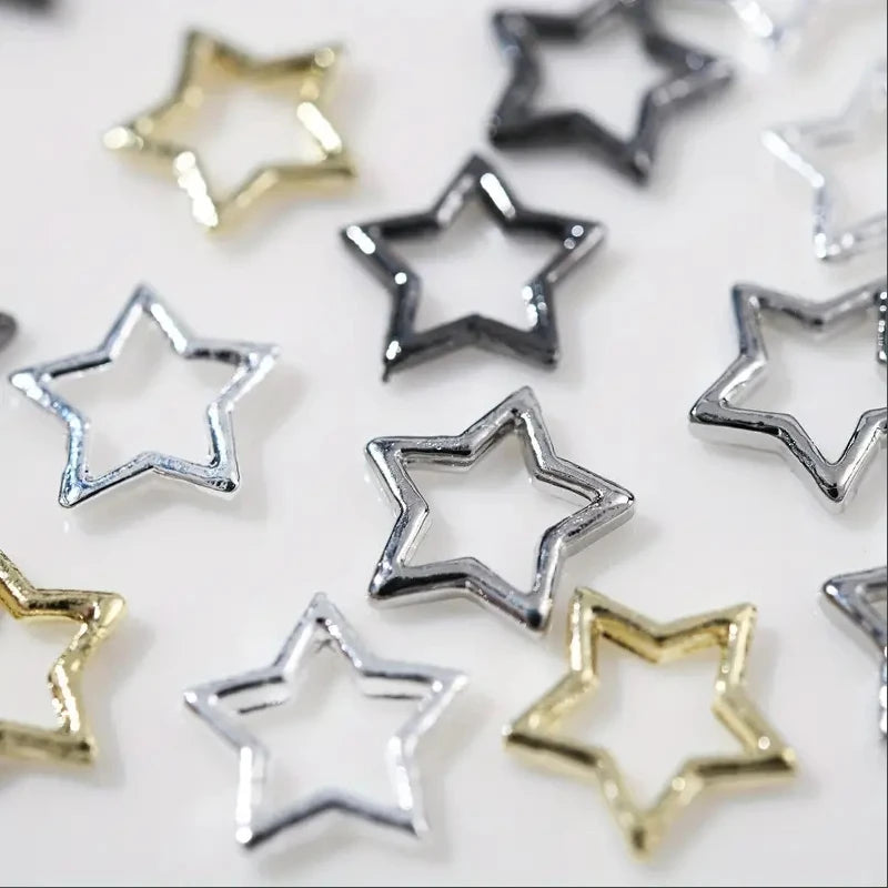 20Pcs 3D Punk Star Nail Charms – Hollow Pentagram Metal Art