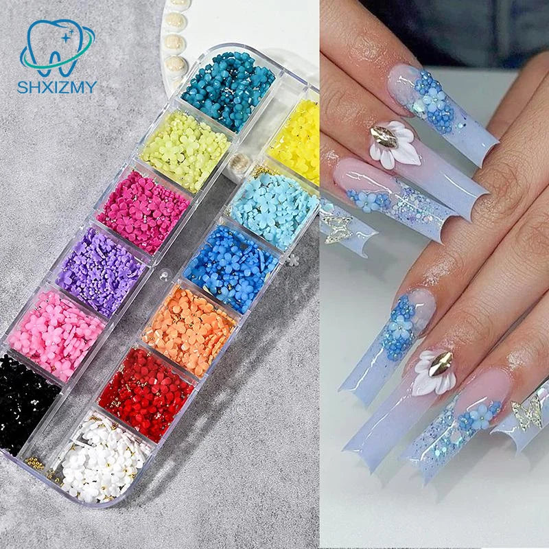 12-Grid 3D Flower Nail Art Charms – Rhinestones & Beads Kit