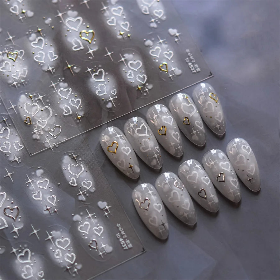 5D Relief Nail Art Stickers – Gold Silver Heart Decals