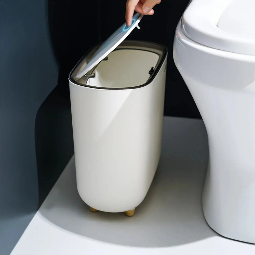 Narrow Press-Top Trash Can with Lid for Bathroom Gaps
