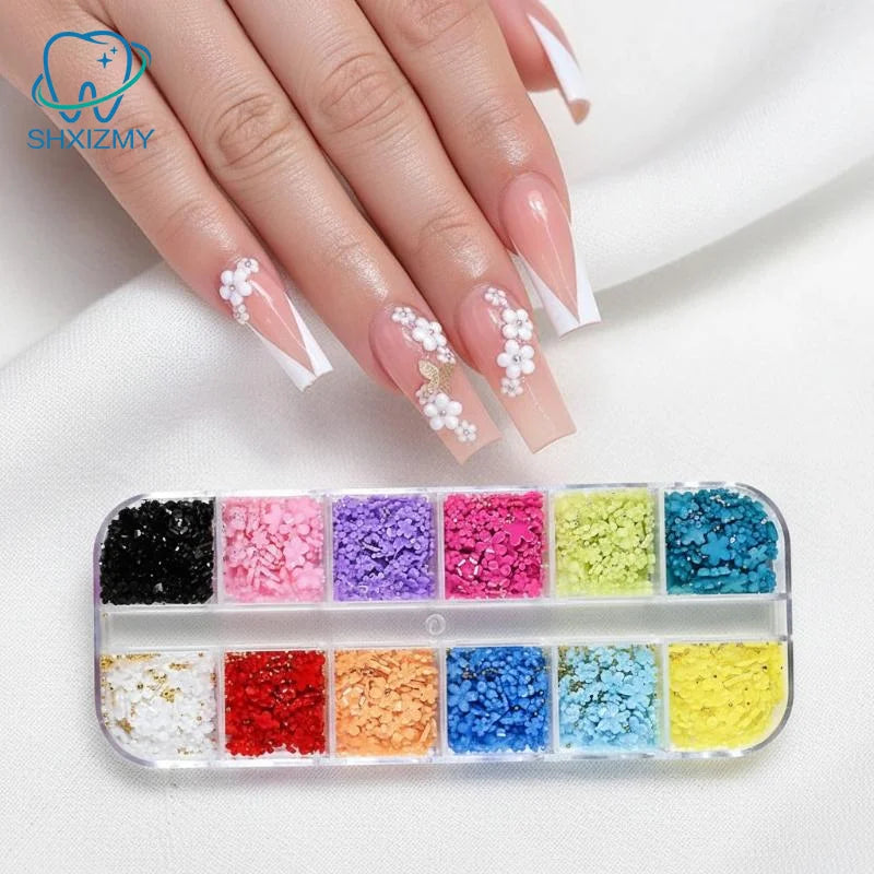 12-Grid 3D Flower Nail Art Charms – Rhinestones & Beads Kit