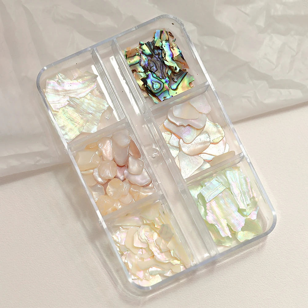 6-Grid Abalone Shell Nail Art Iridescent Pearl Flakes Manicure Set