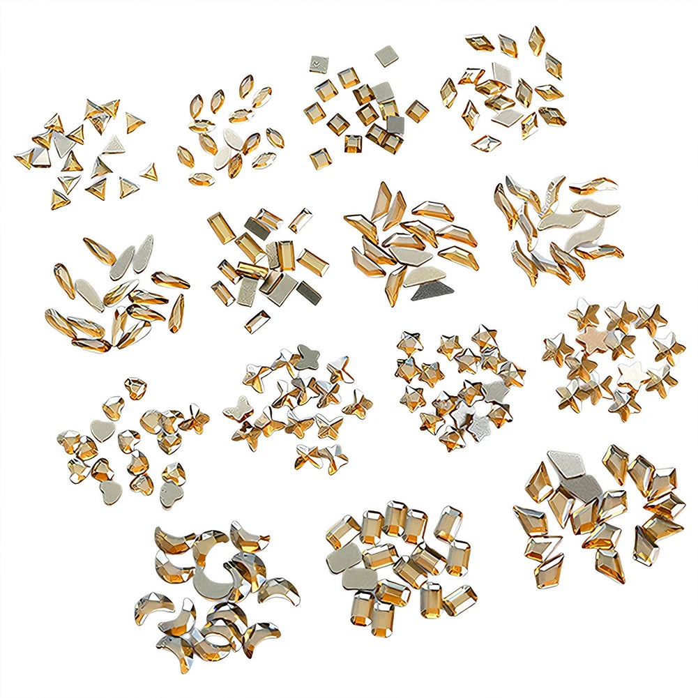 100pcs Champagne Gold Nail Rhinestones – Irregular Crystal Gems Set