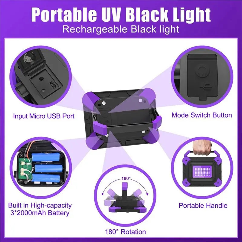 Rechargeable UV Black Light Flood Light – 60 LED IP65, 2-Pack
