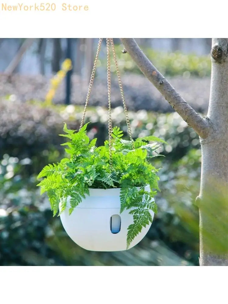 Hanging Bowl Planter with Water Storage & Metal Chain Hook