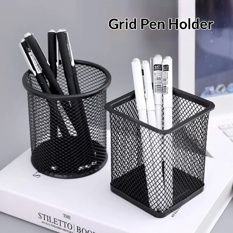 Metal Mesh Pen Holder Round Square Desk Stationery Organizer