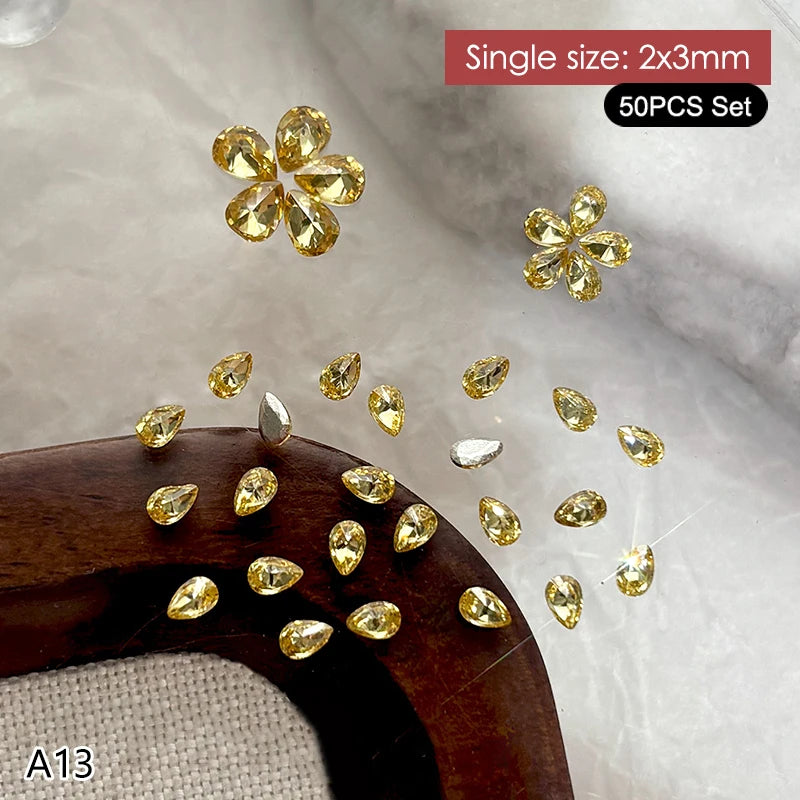 50Pcs Water Drop Zircon Nail Rhinestones 3D Flatback Crystal Gems