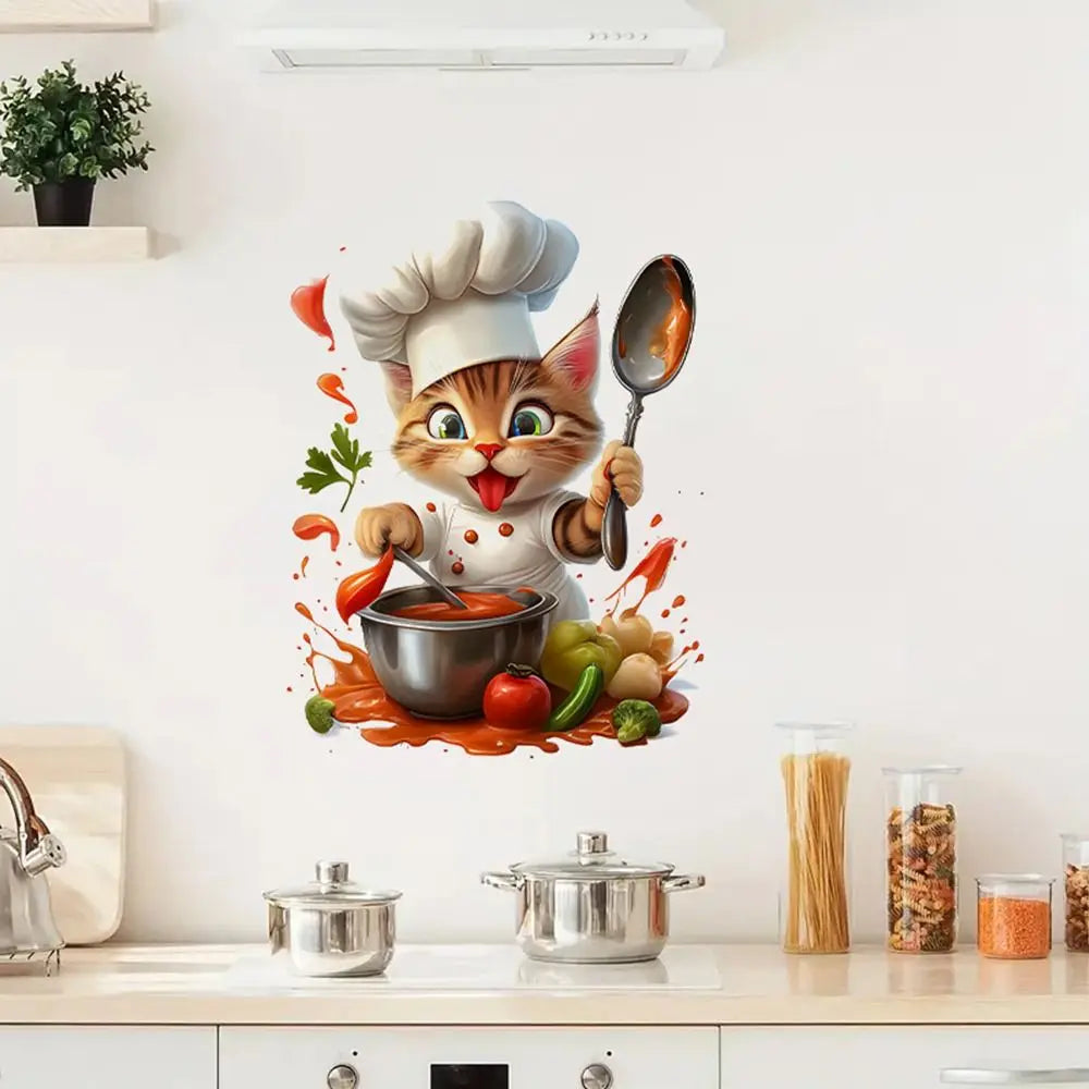 Cartoon Chef Cat Kitchen Wall Decal – Self-Adhesive PVC Sticker