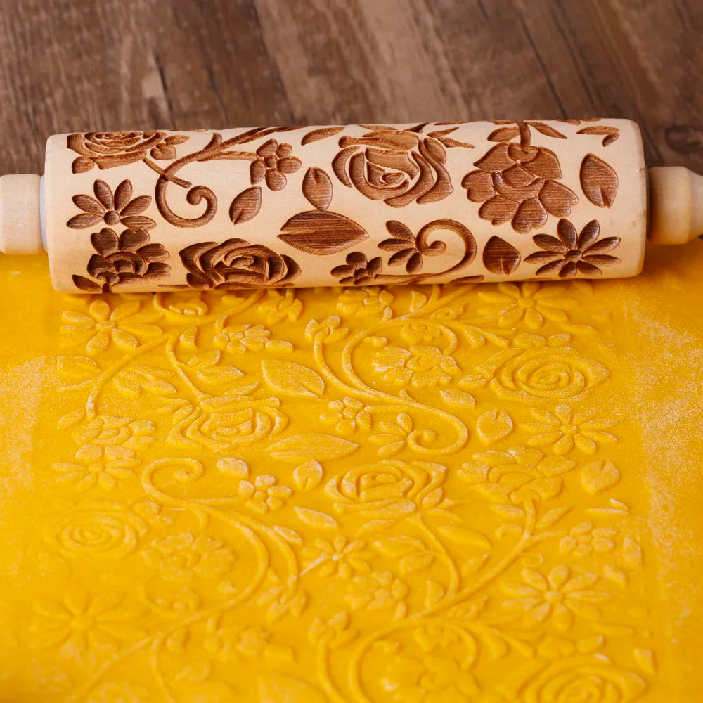 Rose Embossed Wooden Rolling Pin 13.7in – Pastry Baking Tool