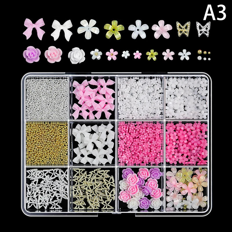 12-Grid 3D Resin Nail Art Charms – Bowknot Bear Heart Flower