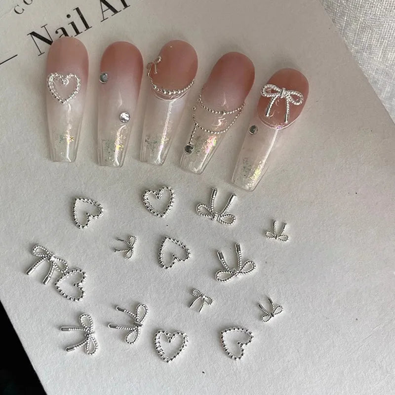 50pcs 3D Alloy Bow Heart Nail Charms Silver DIY Nail Art