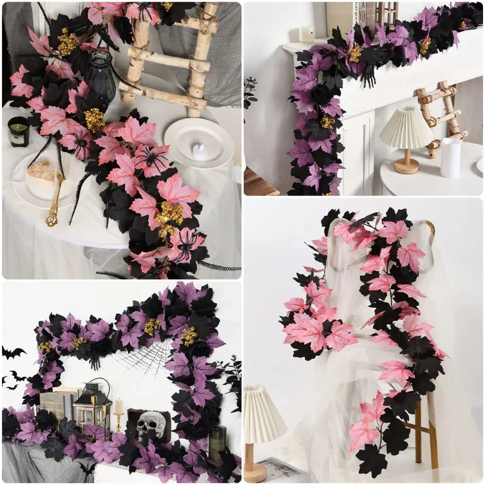 Halloween Maple Leaf Garland – Silk Faux Leaves & Gold Berries